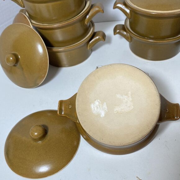 6 Vintage Mustard Brown Stoneware French Onion Soup Crocks Bowls Handles & Lids - Picture 5 of 8